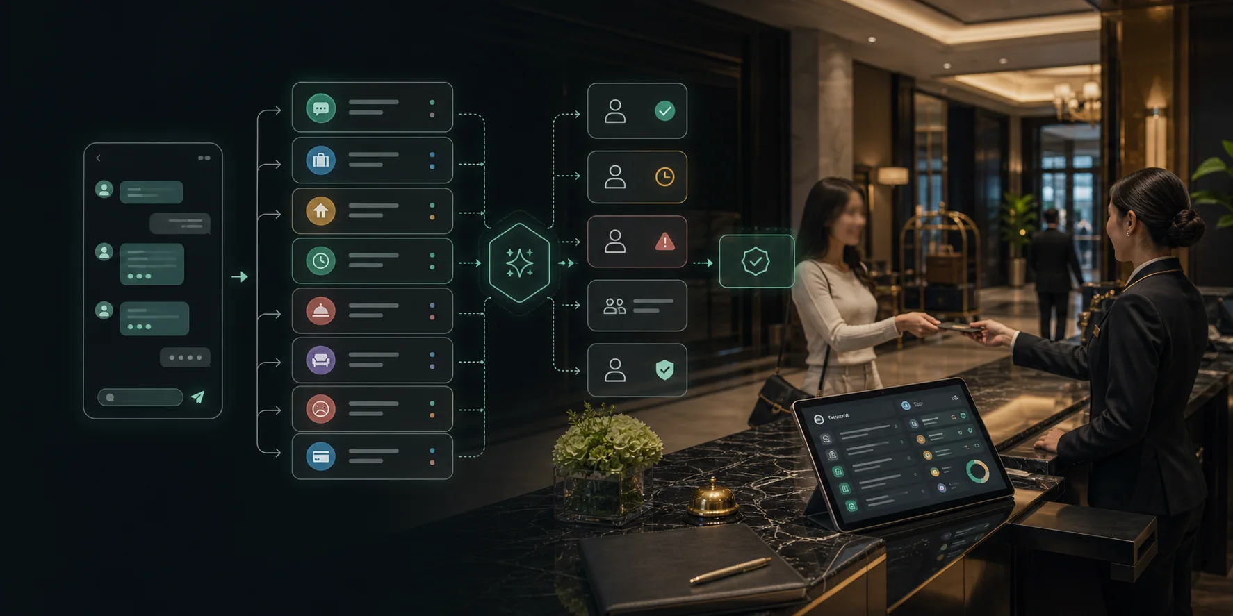 Hotel Guest Messaging and Front Desk AI Workflow Automation visual for hotels / hospitality use case