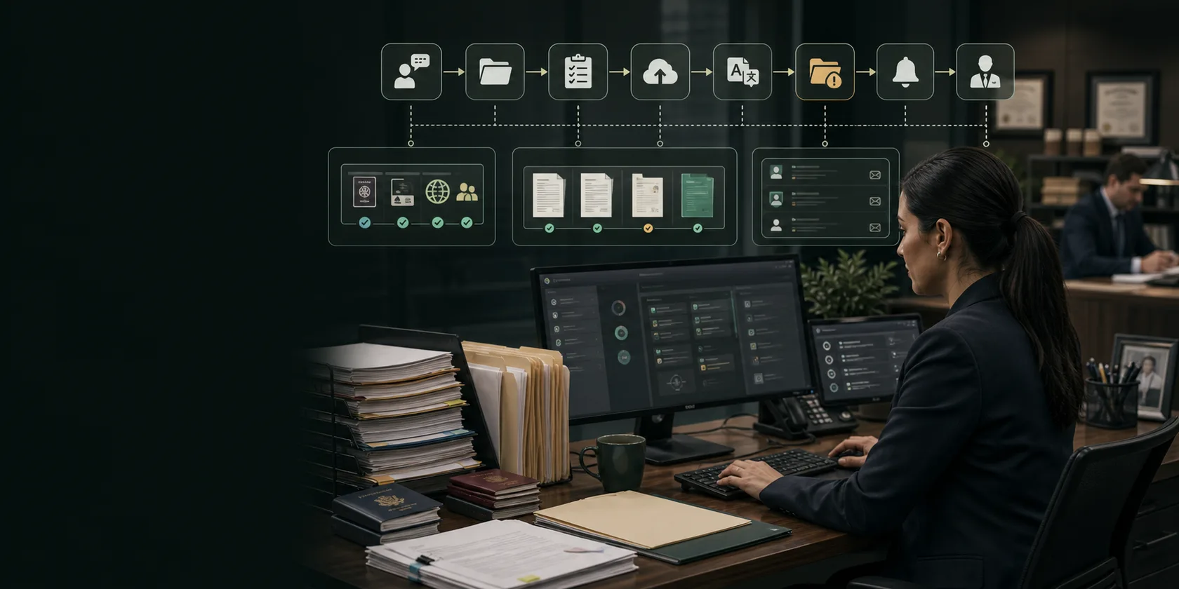 Immigration Client Intake and Document Collection AI Workflow Automation visual for immigration law use case