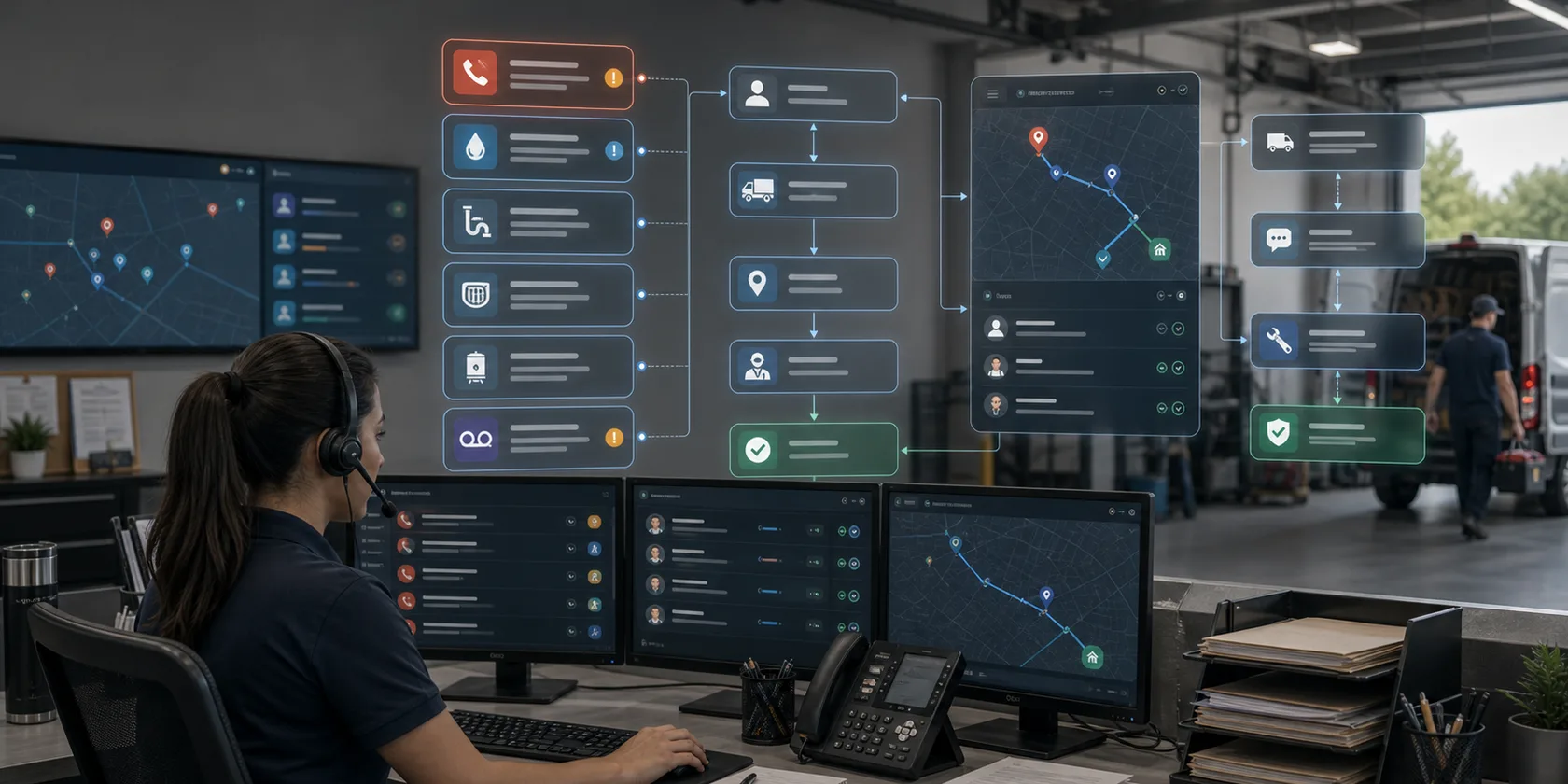 Plumbing Emergency Dispatch AI Workflow Automation visual for plumbing contractors use case