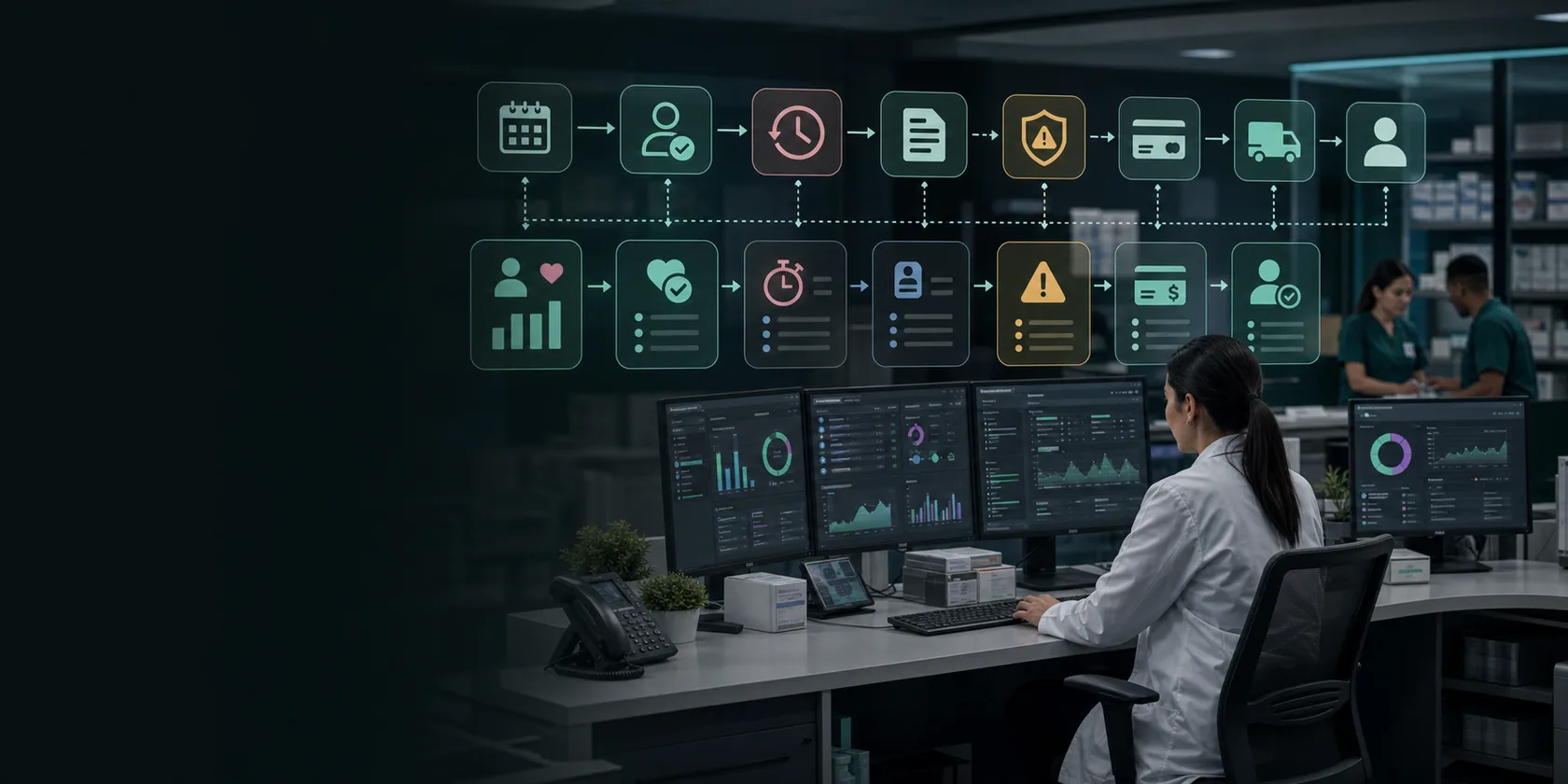 Specialty Pharmacy Refill, Adherence, and Claims AI Workflow Automation visual for specialty pharmacy use case